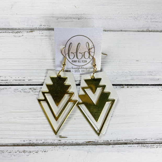 SUEDE + STEEL *Limited Edition* COLLECTION || <BR>LARGE BRASS AZTEC TRIANGLE, <BR> PEARL WHITE