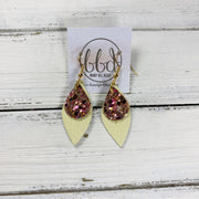 JEAN || Leather Earrings || <BR> PINK & GOLD GLITTER (FAUX LEATHER), <BR> MATTE PALE YELLOW