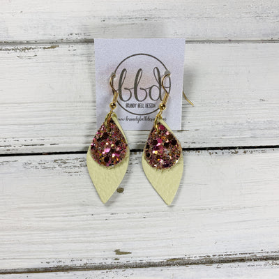 JEAN || Leather Earrings || <BR> PINK & GOLD GLITTER (FAUX LEATHER), <BR> MATTE PALE YELLOW