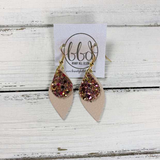 JEAN || Leather Earrings || <BR> PINK & GOLD GLITTER (FAUX LEATHER), <BR> MATTE BLUSH PINK