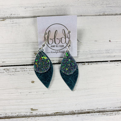 JEAN || Leather Earrings || <BR> FOREST GLITTER (FAUX LEATHER), <BR> DISTRESSED TEAL