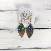 JEAN || Leather Earrings || <BR> FOREST GLITTER (FAUX LEATHER), <BR> METALLIC ROSE GOLD SMOOTH