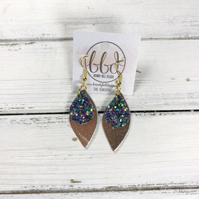 JEAN || Leather Earrings || <BR> FOREST GLITTER (FAUX LEATHER), <BR> METALLIC ROSE GOLD SMOOTH