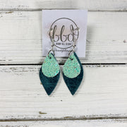JEAN || Leather Earrings || <BR> AQUA MINT GLITTER (FAUX LEATHER), <BR> DISTRESSED TEAL