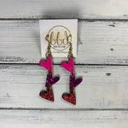 LINKED HEARTS - Tiny Hearts Collection ||   Leather Earrings  ||   <BR> NEON PINK, MAGENTA, & RED GLITTER ON THICK LEATHER (*COLOR PLACEMENT WILL VARY!)