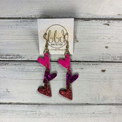 LINKED HEARTS - Tiny Hearts Collection ||   Leather Earrings  ||   <BR> NEON PINK, MAGENTA, & RED GLITTER ON THICK LEATHER (*COLOR PLACEMENT WILL VARY!)