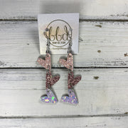 LINKED HEARTS -  Tiny Hearts Collection ||  Leather Earrings  ||   <BR> LIGHT PINK, ROSE GOLD, & IRIDESCENT WHITE GLITTER ON THICK LEATHER (*COLOR PLACEMENT WILL VARY!)