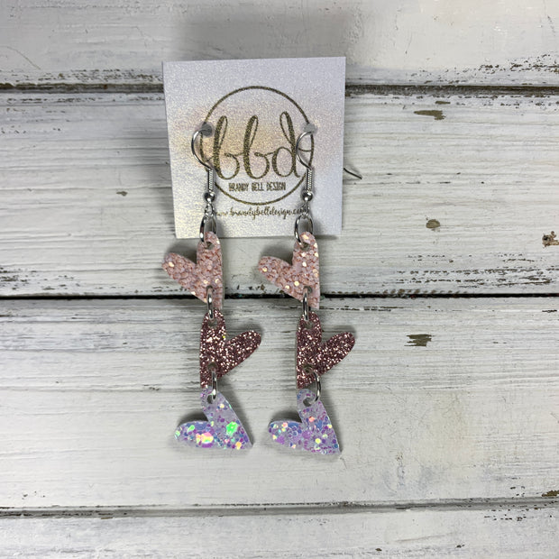 LINKED HEARTS -  Tiny Hearts Collection ||  Leather Earrings  ||   <BR> LIGHT PINK, ROSE GOLD, & IRIDESCENT WHITE GLITTER ON THICK LEATHER (*COLOR PLACEMENT WILL VARY!)