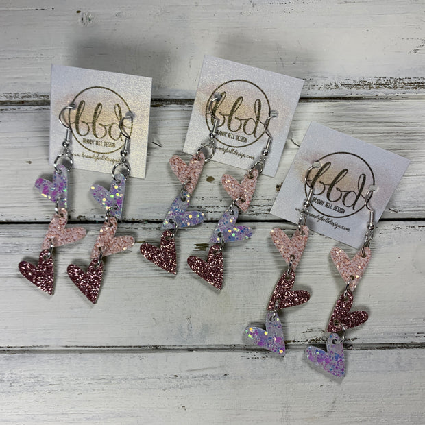 LINKED HEARTS -  Tiny Hearts Collection ||  Leather Earrings  ||   <BR> LIGHT PINK, ROSE GOLD, & IRIDESCENT WHITE GLITTER ON THICK LEATHER (*COLOR PLACEMENT WILL VARY!)
