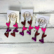 LINKED HEARTS - Tiny Hearts Collection ||   Leather Earrings  ||   <BR> NEON PINK, MAGENTA, & RED GLITTER ON THICK LEATHER (*COLOR PLACEMENT WILL VARY!)