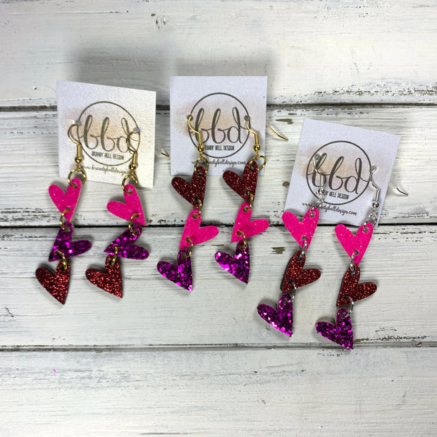 LINKED HEARTS - Tiny Hearts Collection ||   Leather Earrings  ||   <BR> NEON PINK, MAGENTA, & RED GLITTER ON THICK LEATHER (*COLOR PLACEMENT WILL VARY!)