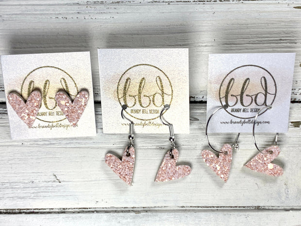 GLITTER HEARTS -  Tiny Hearts Collection ||  Leather Earrings  ||   <BR> NEON PINK GLITTER  (*CHOOSE: STUD, FISH HOOK OR HOOP)