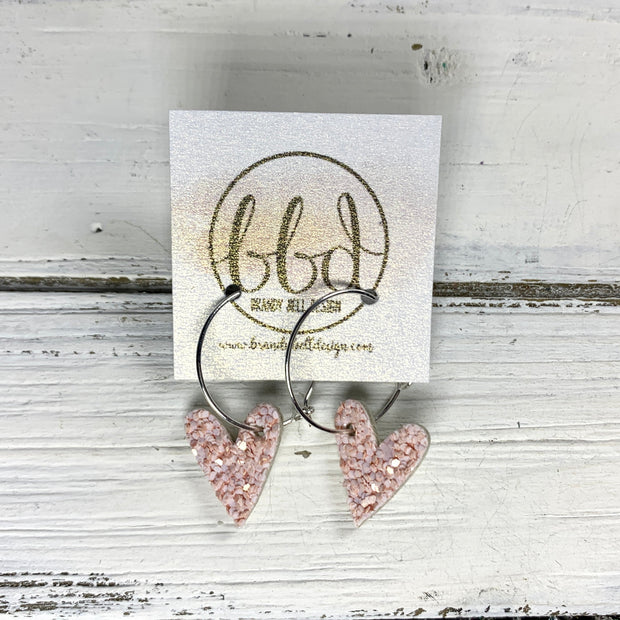 GLITTER HEARTS -   Tiny Hearts Collection || Leather Earrings  ||   <BR> LIGHT PINK GLITTER  (*CHOOSE: STUD, FISH HOOK OR HOOP)
