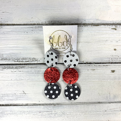 DAISY -  Leather Earrings  ||   <BR> WHITE WITH BLACK POLKADOTS,  <BR> METALLIC RED PEBBLED, <BR> BLACK WITH WHITE POLKADOTS