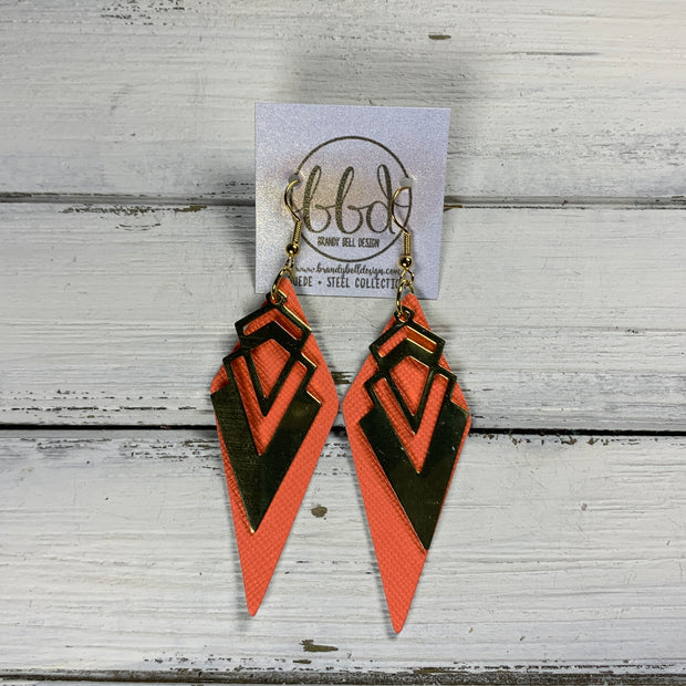 SUEDE + STEEL *Limited Edition* COLLECTION || <BR> SMALL BRASS AZTEC TRIANGLE, <BR> NEON ORANGE/CORAL SAFFIANO
