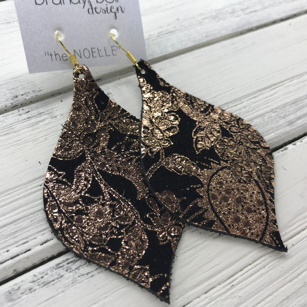 NOELLE - Leather Earrings  ||   ROSE GOLD ON BLACK PAISLEY