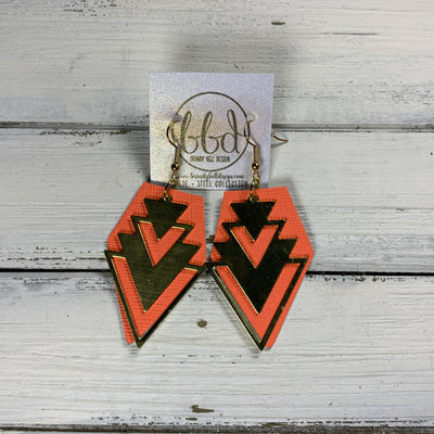 SUEDE + STEEL *Limited Edition* COLLECTION || <BR>LARGE BRASS AZTEC TRIANGLE, <BR> NEON ORANGE/CORAL SAFFIANO