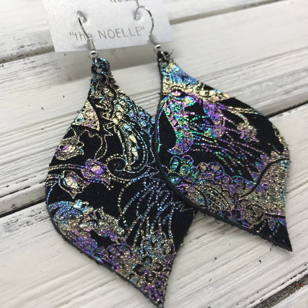 NOELLE - Leather Earrings  ||   IRIDESCENT ON BLACK PAISLEY