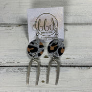 IRIS  ||  Leather Earrings || SILVER BRASS U-SHAPE, <BR> SILVER LEOPARD GLITTER ON CORK