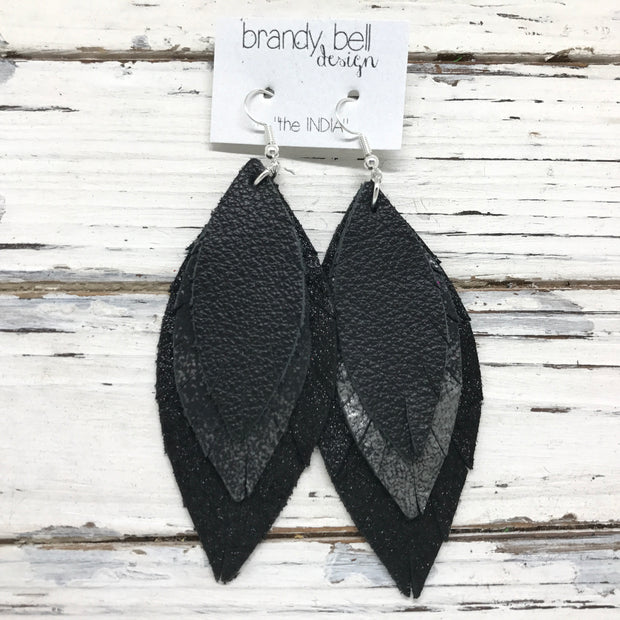 INDIA - Leather Earrings  ||  MATTE BLACK, DISTRESSED BLACK & SILVER, SHIMMER BLACK