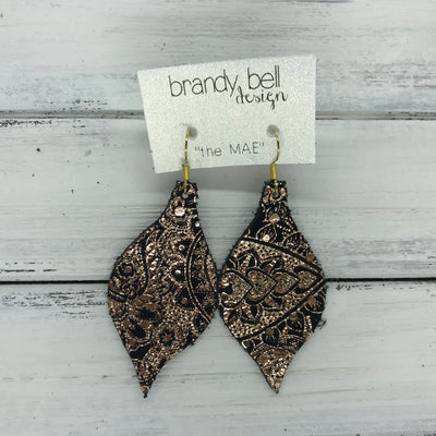 MAE - Leather Earrings  ||  METALLIC ROSE GOLD PAISLEY ON BLACK