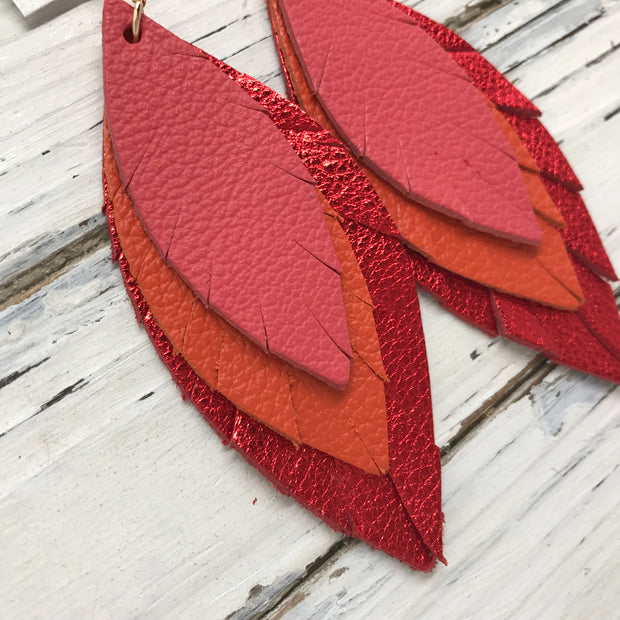 INDIA - Leather Earrings  || CORAL, ORANGE, METALLIC RED PEBBLED