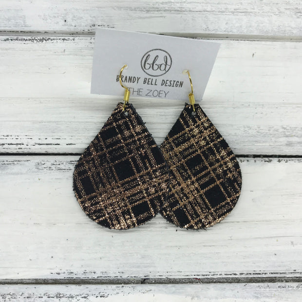 ZOEY (3 sizes available!) -  Leather Earrings  ||  ROSE GOLD PLAID ON BLACK