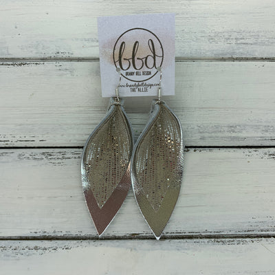 ALLIE -  Leather Earrings  ||  <BR> METALLIC SILVER SANDS ON TAUPE, <BR> METALLIC SILVER