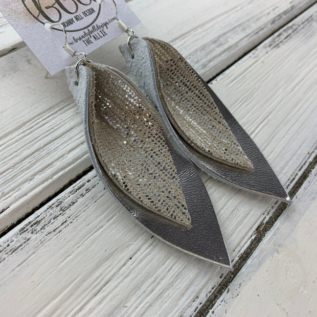 ALLIE -  Leather Earrings  ||  <BR> METALLIC SILVER SANDS ON TAUPE, <BR> METALLIC SILVER