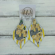 EVE - Leather Earrings  || <BR> YELLOW FLORAL ON BLACK & WHITE STRIPE, <BR> YELLOW & WHITE STRIPE