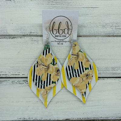 EVE - Leather Earrings  || <BR> YELLOW FLORAL ON BLACK & WHITE STRIPE, <BR> YELLOW & WHITE STRIPE