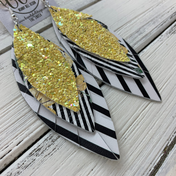INDIA - Leather Earrings   ||  <BR>  DAFFODIL GLITTER (NOT REAL LEATHER) <BR> BLACK & WHITE STRIPE FLORAL <BR>  BLACK & WHITE STRIPE