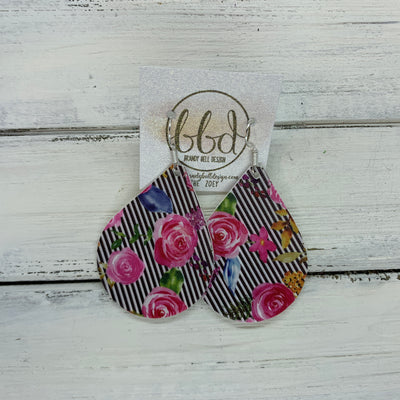 ZOEY (3 sizes available!) -  Leather Earrings  ||   PINK FLORAL ON BLACK & WHITE STRIPES (FAUX LEATHER)