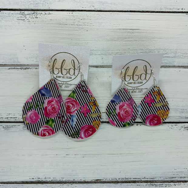 ZOEY (3 sizes available!) -  Leather Earrings  ||   PINK FLORAL ON BLACK & WHITE STRIPES (FAUX LEATHER)