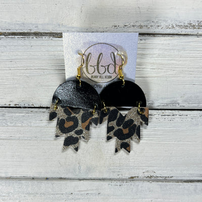 STELLA -  Leather Earrings  ||   <BR> METALLIC BLACK SMOOTH, <BR> GOLD GLITTER LEOPARD