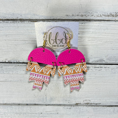 STELLA -  Leather Earrings  ||   <BR> NEON PINK SMOOTH, <BR> ORANGE & PINK AZTEC PRINT ON CORK