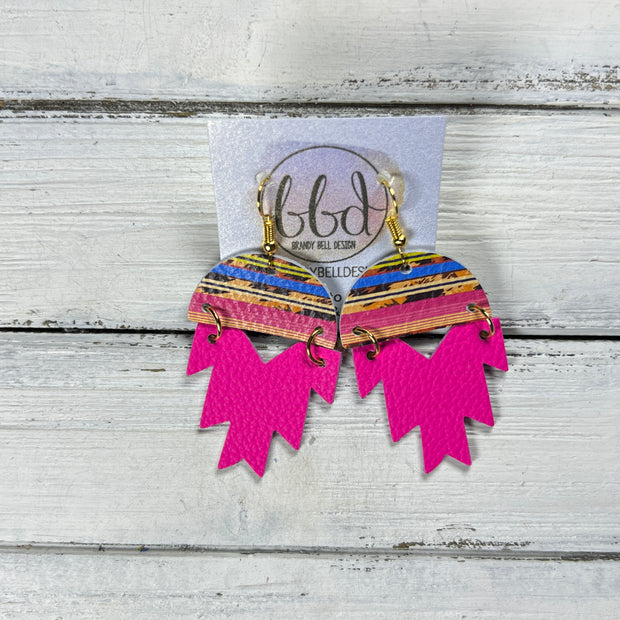 STELLA -  Leather Earrings  ||   <BR> SERAPE STRIPE, <BR> NEON PINK SMOOTH
