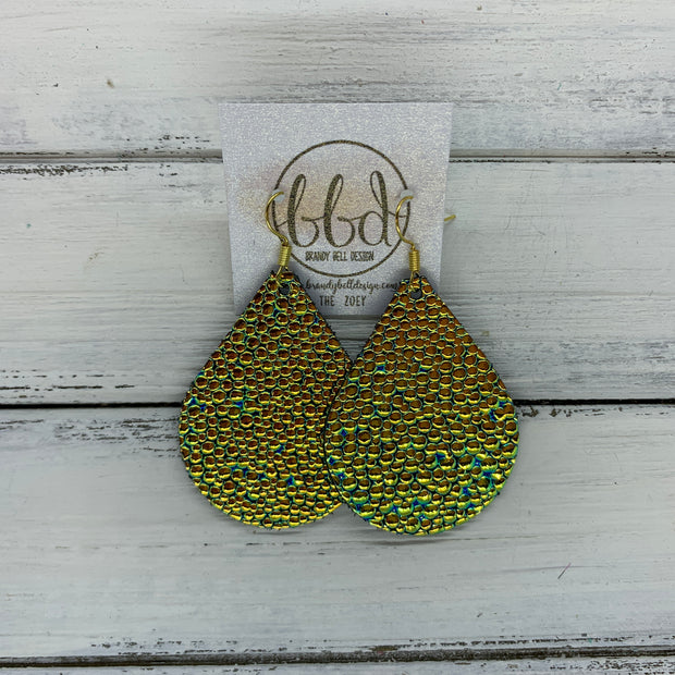 ZOEY (3 sizes available!) -  Leather Earrings  ||   METALLIC GOLD BUBBLE TEXTURE ON AQUA