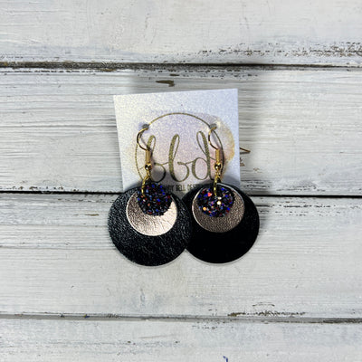 GRAY -  Leather Earrings  ||  <BR> CITY LIGHTS GLITTER (FAUX LEATHER), <BR> METALLIC ROSE GOLD SMOOTH, <BR> METALLIC BLACK SMOOTH