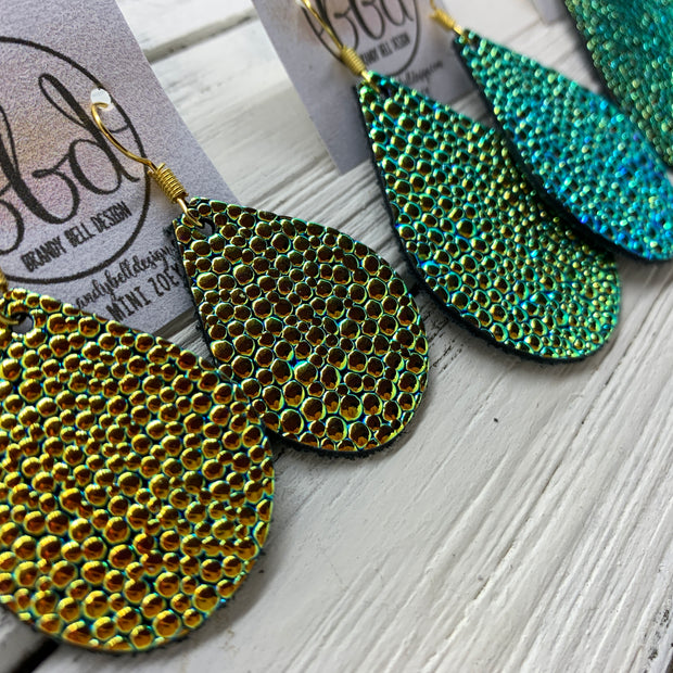 ZOEY (3 sizes available!) -  Leather Earrings  ||   METALLIC GOLD BUBBLE TEXTURE ON AQUA