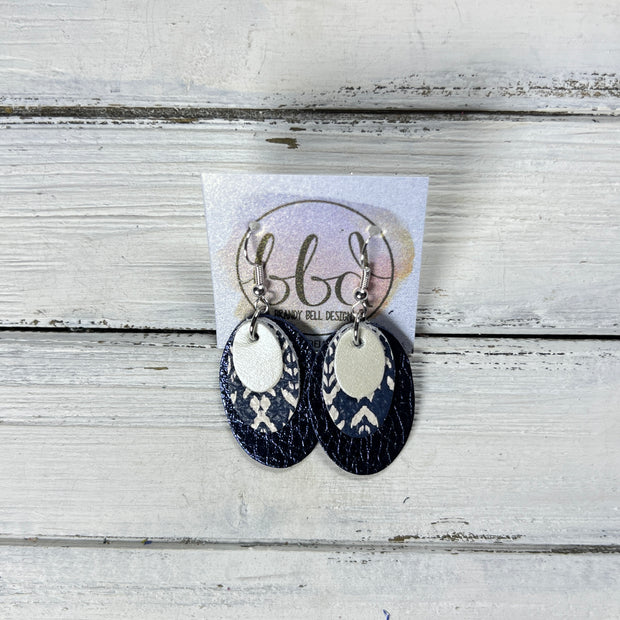 DIANE -  Leather Earrings  ||  <BR> PEARL WHITE, <BR> NAVY SHIBORI, <BR> METALLIC NAVY PEBBLED