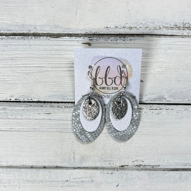 DIANE -  Leather Earrings  ||  <BR> IRIDESCENT SILVER CRACKLE, <BR> MATTE WHITE, <BR> GRAY & WHITE SNAKE PRINT