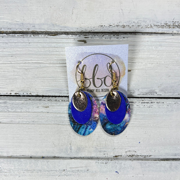 DIANE -  Leather Earrings  ||  <BR> METALLIC ROSE GOLD SMOOTH, <BR> ELECTRIC COBALT BLUE, <BR> BLUE & PURPLE MARBLE ART