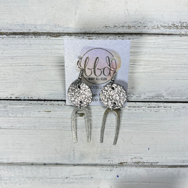 IRIS  ||  Leather Earrings || SILVER OR GOLD BRASS U-SHAPE, <BR> IRIDESCENT SILVER CRACKLE