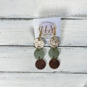 DAISY -  Leather Earrings  ||  <BR> METALLIC ROSE GOLD DRIPS, <BR> PEARLIZED OLIVE GREEN, <BR> DISTRESSED BROWN