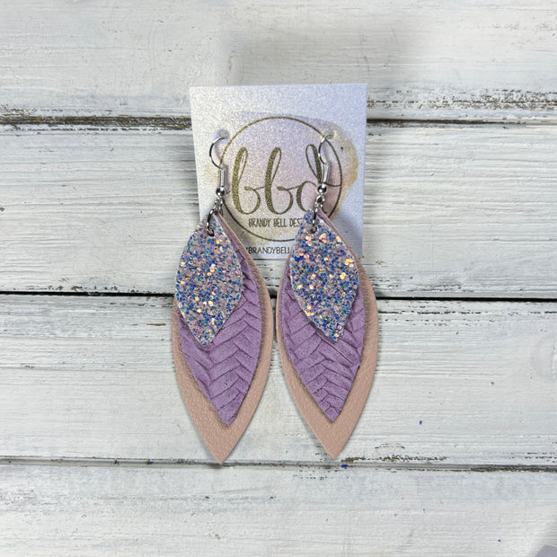 DOROTHY -  Leather Earrings  ||  <BR> WILLOW GLITTER (FAUX LEATHER), <BR> LILAC BRAID, <BR> MATTE BLUSH PINK