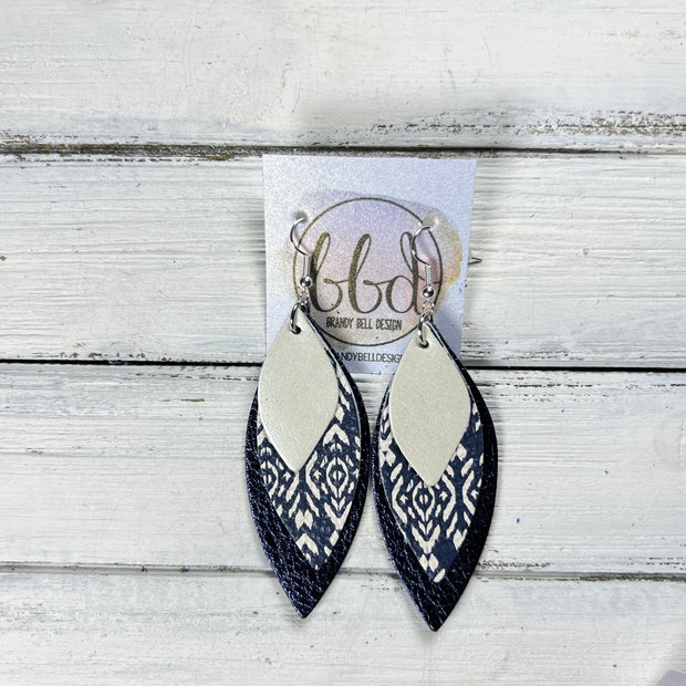 DOROTHY -  Leather Earrings  ||  <BR> PEARL WHITE, <BR> NAVY SHIBORI, <BR> METALLIC NAVY PEBBLED