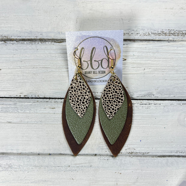 DOROTHY -  Leather Earrings  ||  <BR> METALLIC ROSE GOLD DRIPS, <BR> PEARLIZED OLIVE GREEN, <BR> DISTRESSED BROWN