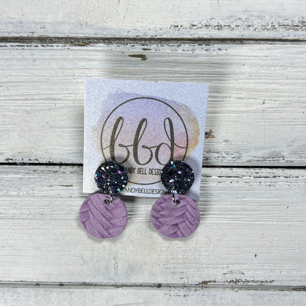 LUNA -  Leather Earrings ON POST  ||  BEJEWELED CHUNKY GLITTER (ON CORK), <BR>  LILAC BRAID
