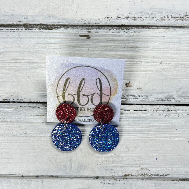 LUNA -  Leather Earrings ON POST  ||  RED GLITTER (ON CORK), <BR>  SPARKLE BLUE